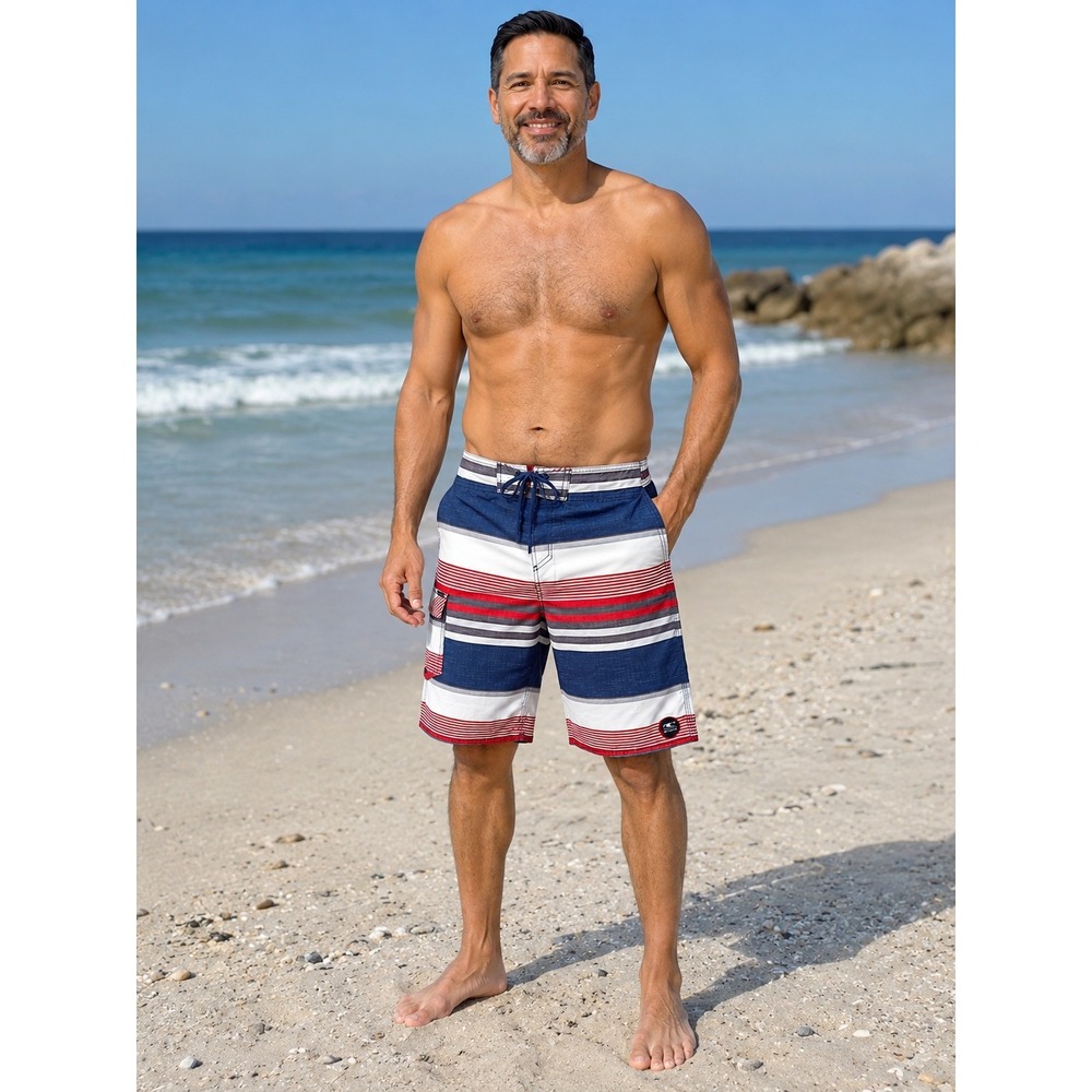 ONeill Mens Striped Board Shorts Navy Blue Red White Cargo Pocket Swim Trunks - Picture 1 of 12